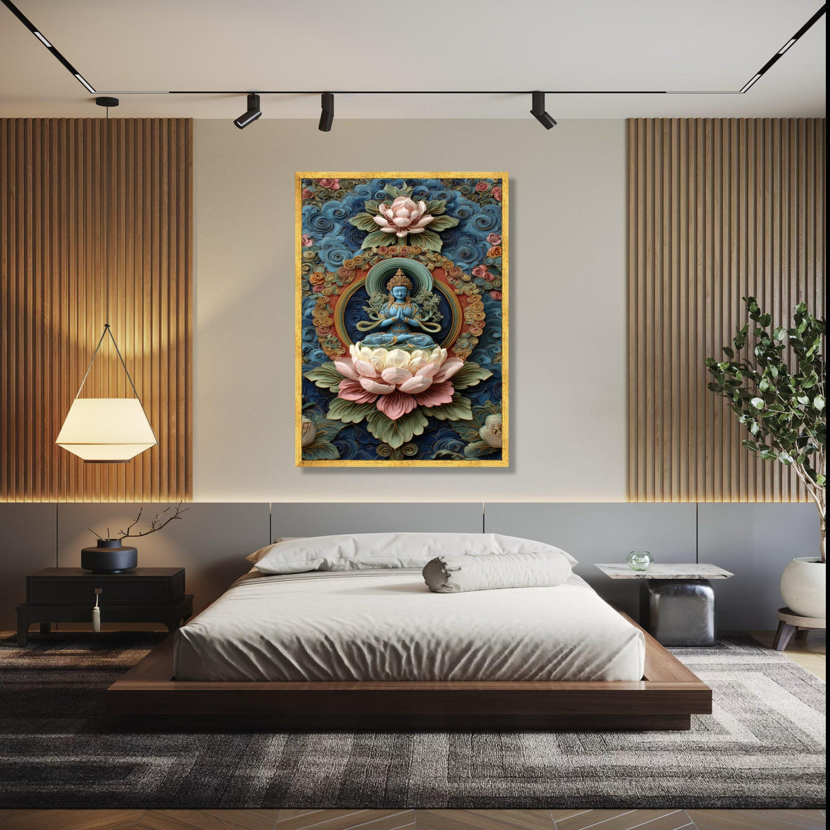 Blue Buddha Statue Canvas, Lotus Flower Wall Art, Spiritual Meditation Decor, Ornate Floral Background, Asian Gift Art, Home Decor, Print