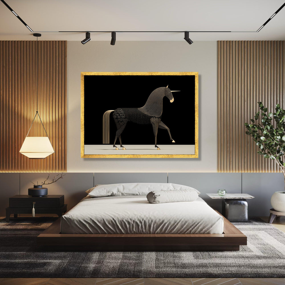 Elegant Black and Gold Unicorn Canvas, Modern Mythical Horse Wall Art, Minimalist Fantasy Animal Canvas, Gift Art, Home Decor, Print