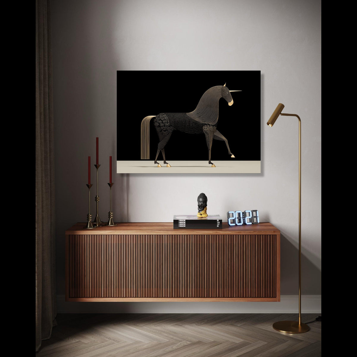 Elegant Black and Gold Unicorn Canvas, Modern Mythical Horse Wall Art, Minimalist Fantasy Animal Canvas, Gift Art, Home Decor, Print
