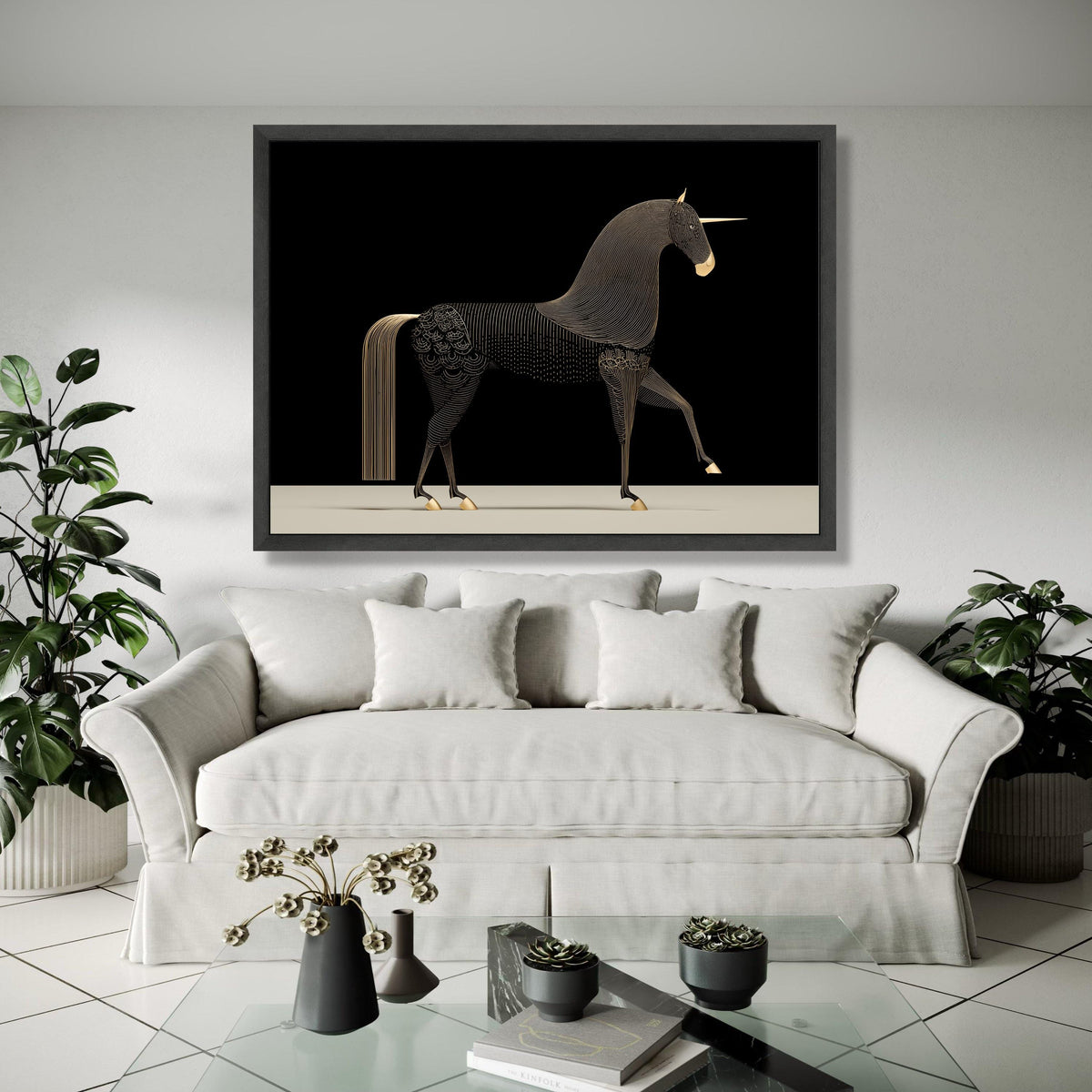 Elegant Black and Gold Unicorn Canvas, Modern Mythical Horse Wall Art, Minimalist Fantasy Animal Canvas, Gift Art, Home Decor, Print