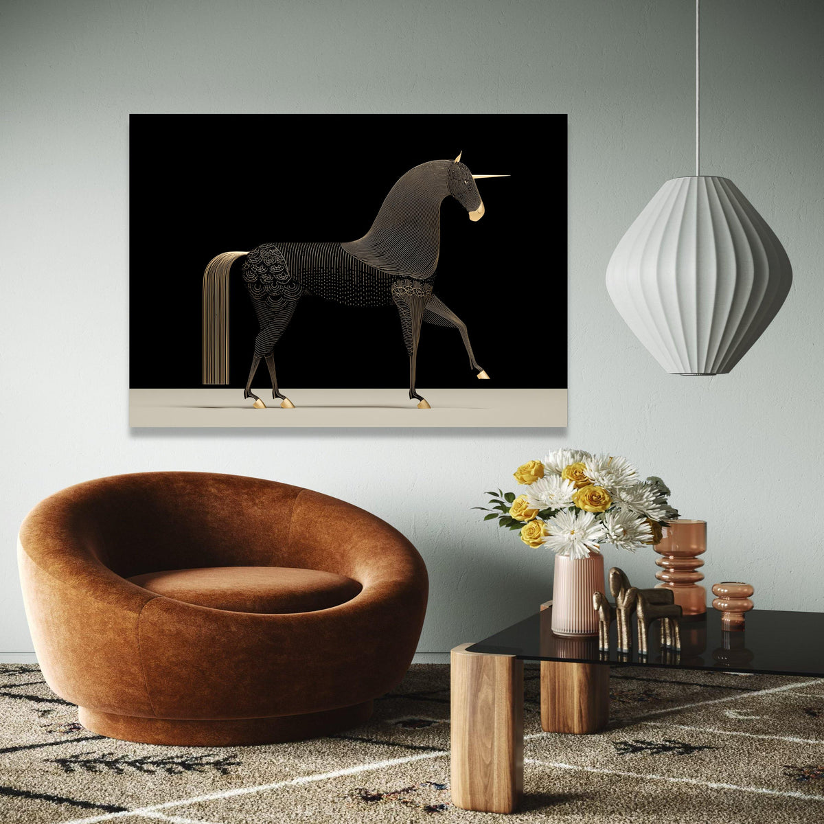 Elegant Black and Gold Unicorn Canvas, Modern Mythical Horse Wall Art, Minimalist Fantasy Animal Canvas, Gift Art, Home Decor, Print
