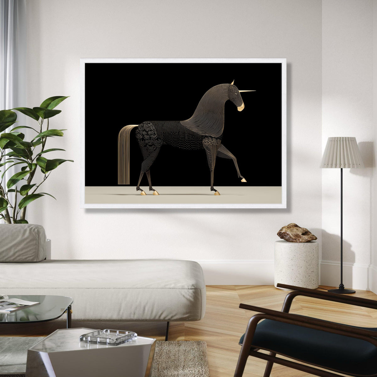 Elegant Black and Gold Unicorn Canvas, Modern Mythical Horse Wall Art, Minimalist Fantasy Animal Canvas, Gift Art, Home Decor, Print