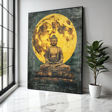 Meditating Buddha Statue Canvas, Full Moon Background Wall Art, Spiritual Zen Decor, Yoga Room Canvas, Gift Art, Home Decor, Print