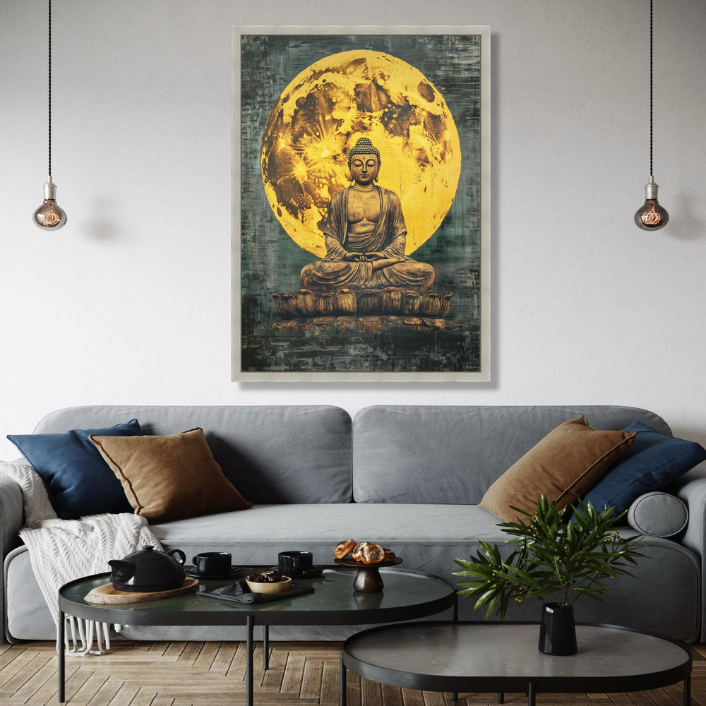 Meditating Buddha Statue Canvas, Full Moon Background Wall Art, Spiritual Zen Decor, Yoga Room Canvas, Gift Art, Home Decor, Print