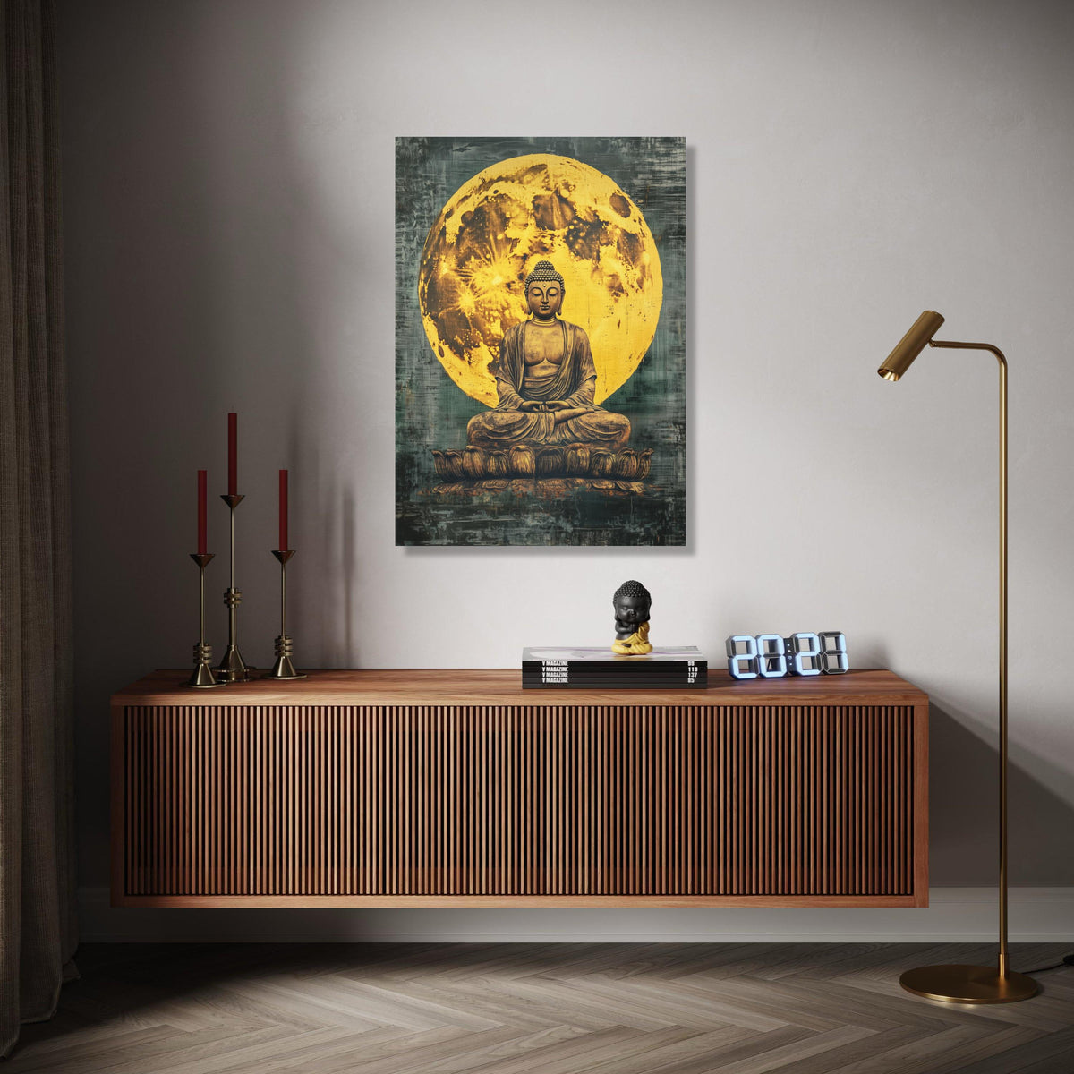 Meditating Buddha Statue Canvas, Full Moon Background Wall Art, Spiritual Zen Decor, Yoga Room Canvas, Gift Art, Home Decor, Print