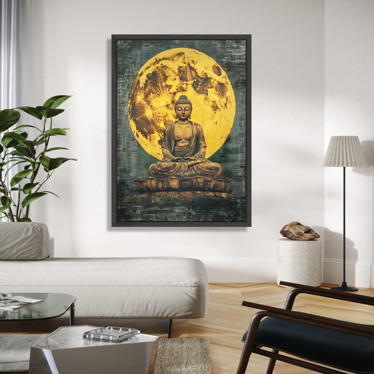 Meditating Buddha Statue Canvas, Full Moon Background Wall Art, Spiritual Zen Decor, Yoga Room Canvas, Gift Art, Home Decor, Print