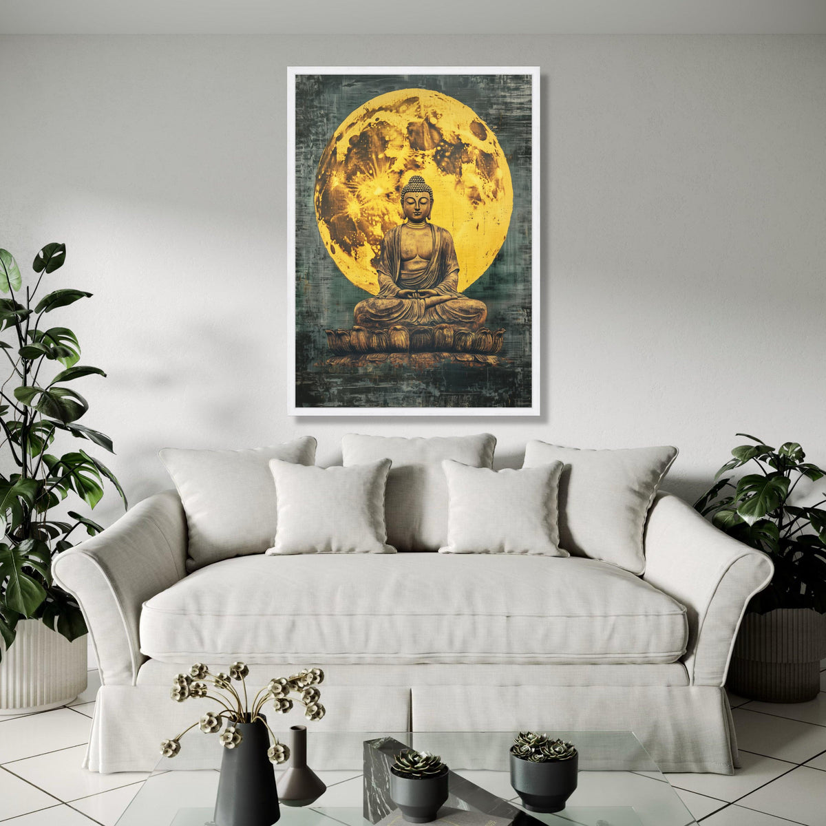 Meditating Buddha Statue Canvas, Full Moon Background Wall Art, Spiritual Zen Decor, Yoga Room Canvas, Gift Art, Home Decor, Print