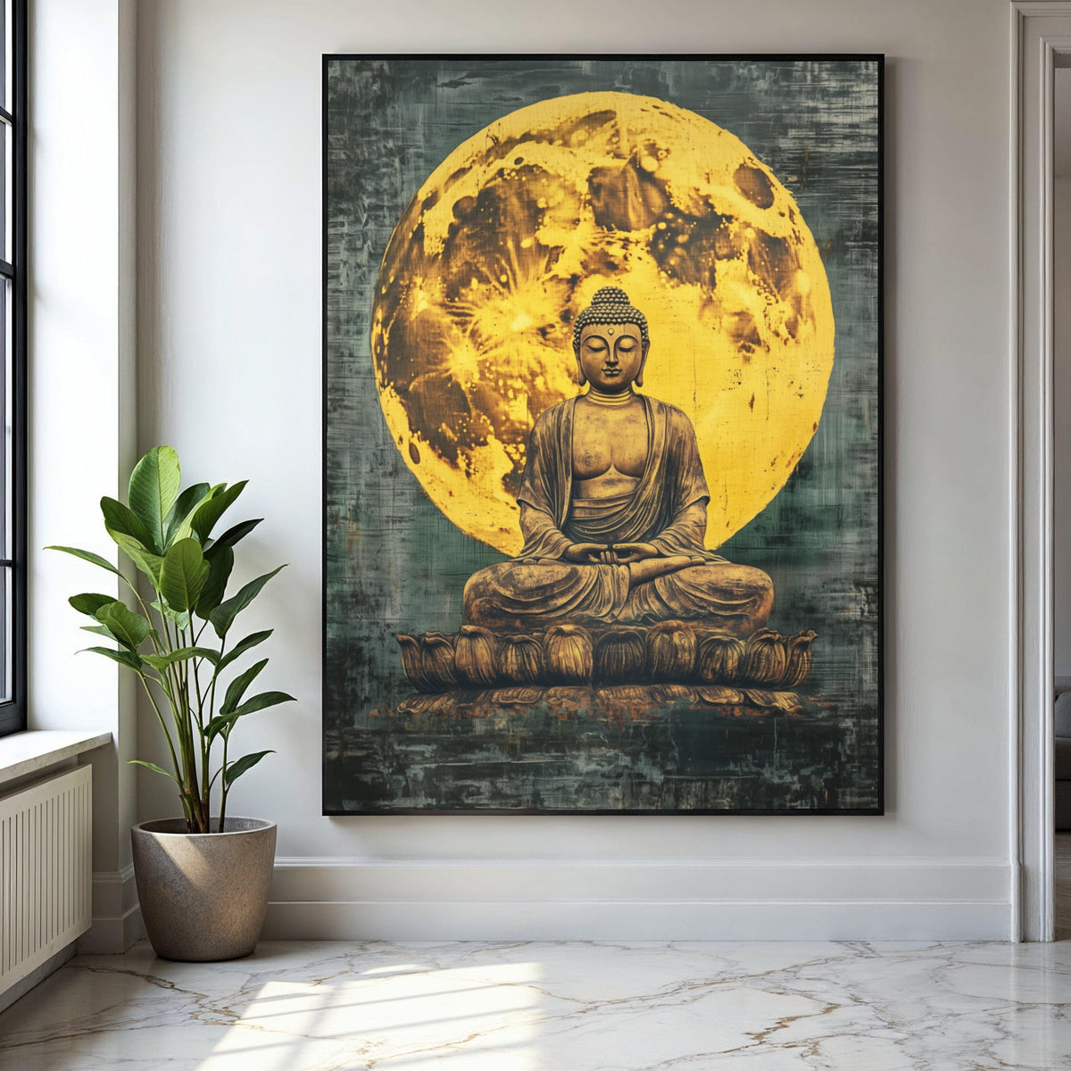 Meditating Buddha Statue Canvas, Full Moon Background Wall Art, Spiritual Zen Decor, Yoga Room Canvas, Gift Art, Home Decor, Print
