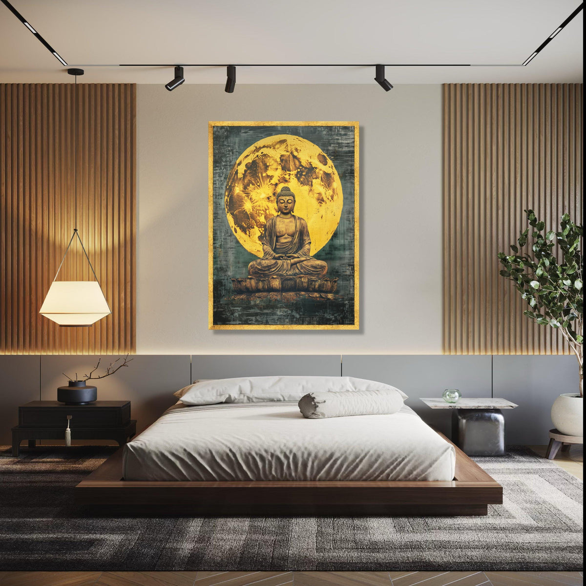 Meditating Buddha Statue Canvas, Full Moon Background Wall Art, Spiritual Zen Decor, Yoga Room Canvas, Gift Art, Home Decor, Print