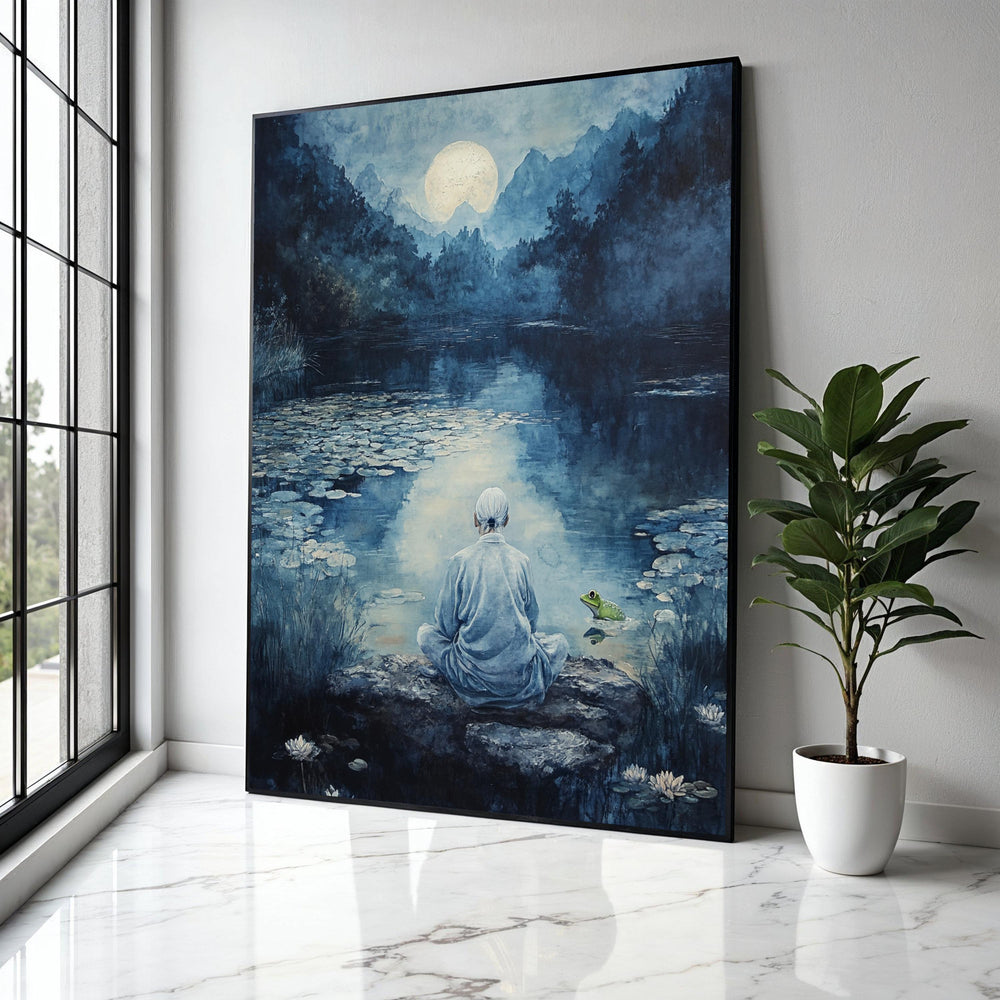 Serene Moonlit Meditation, Tranquil River Canvas, Zen Nature Wall Art, Peaceful Landscape Canvas, Reflective Gift Art, Home Decor, Print