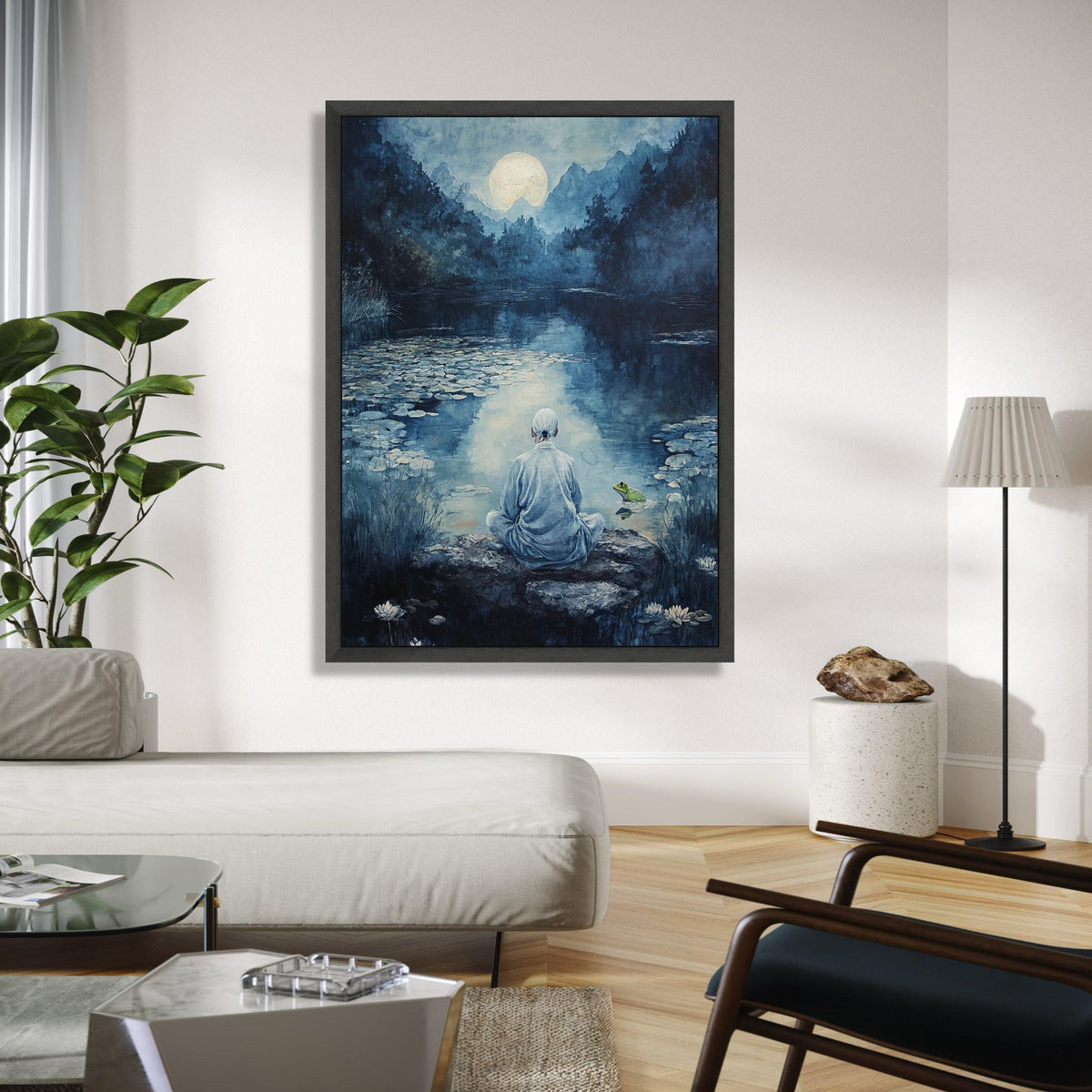 Serene Moonlit Meditation, Tranquil River Canvas, Zen Nature Wall Art, Peaceful Landscape Canvas, Reflective Gift Art, Home Decor, Print
