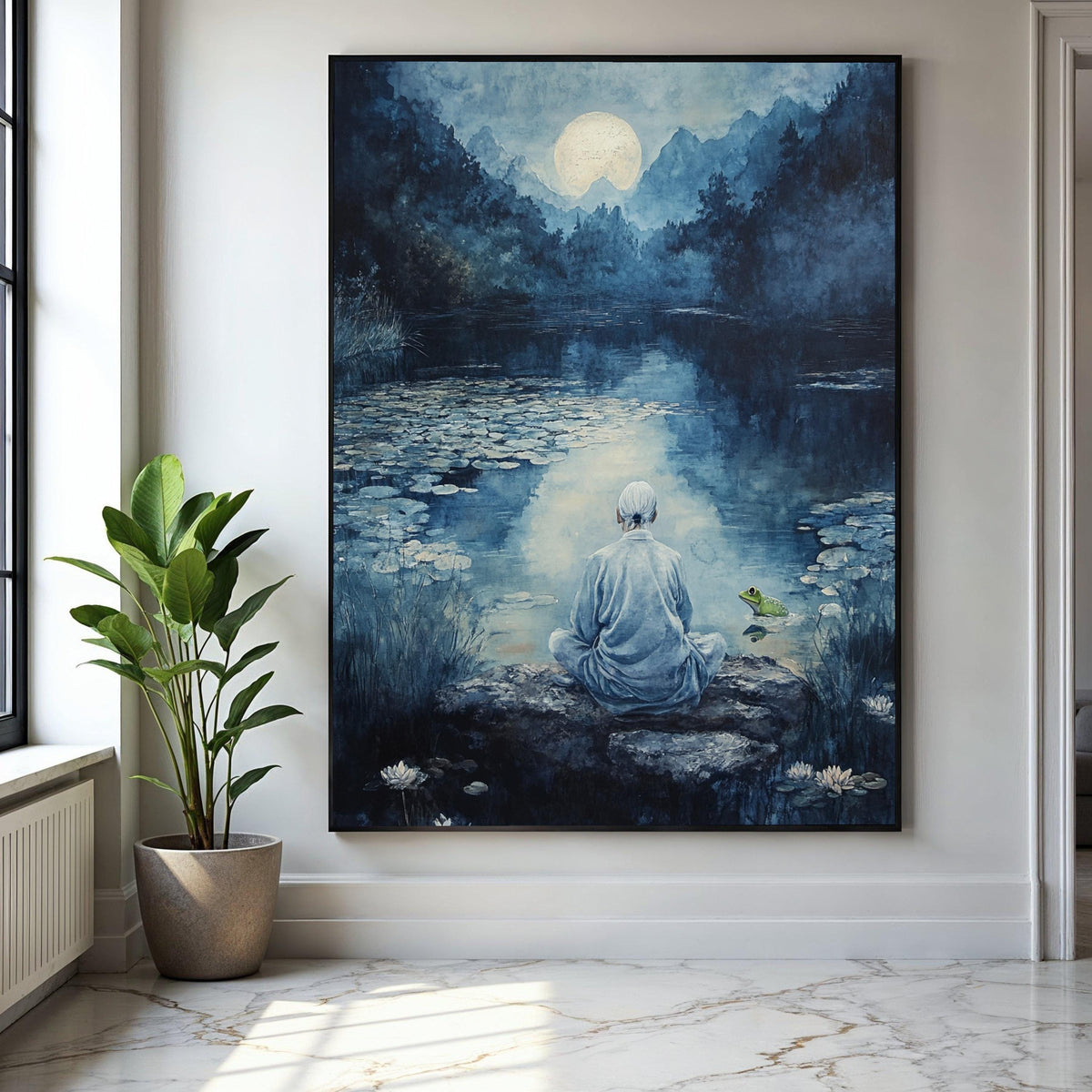 Serene Moonlit Meditation, Tranquil River Canvas, Zen Nature Wall Art, Peaceful Landscape Canvas, Reflective Gift Art, Home Decor, Print