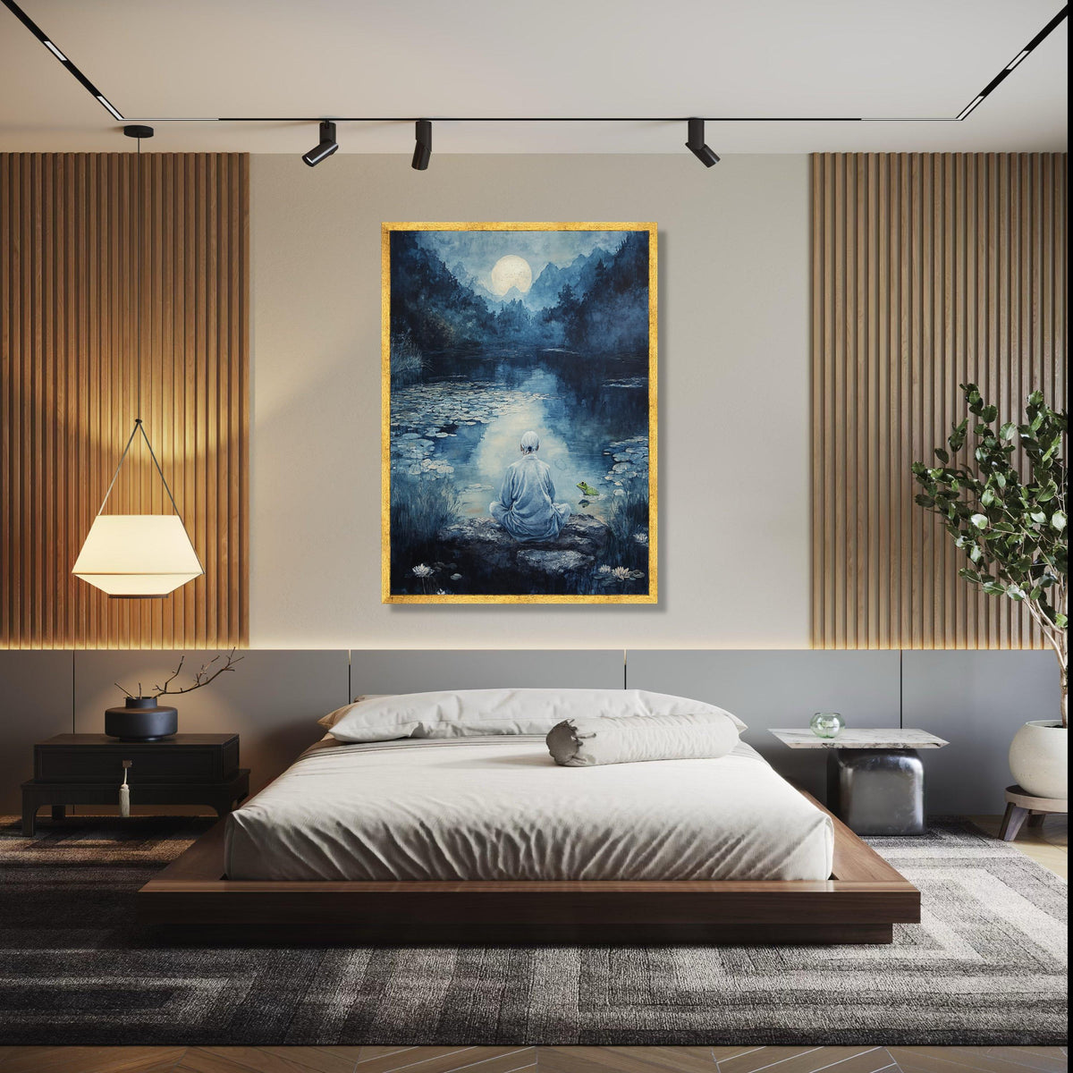 Serene Moonlit Meditation, Tranquil River Canvas, Zen Nature Wall Art, Peaceful Landscape Canvas, Reflective Gift Art, Home Decor, Print