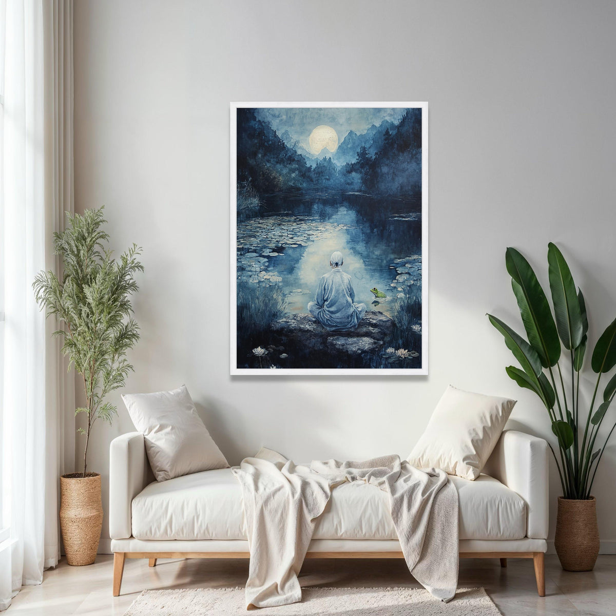 Serene Moonlit Meditation, Tranquil River Canvas, Zen Nature Wall Art, Peaceful Landscape Canvas, Reflective Gift Art, Home Decor, Print
