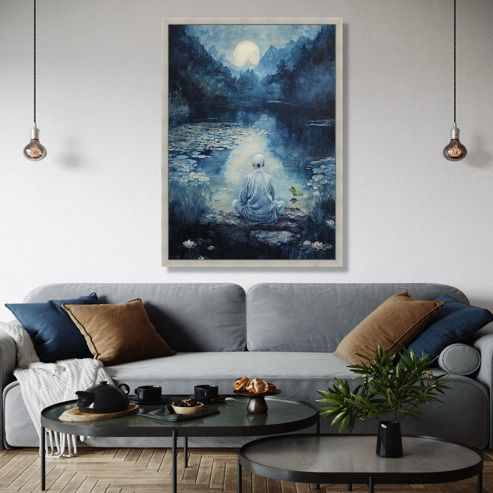 Serene Moonlit Meditation, Tranquil River Canvas, Zen Nature Wall Art, Peaceful Landscape Canvas, Reflective Gift Art, Home Decor, Print