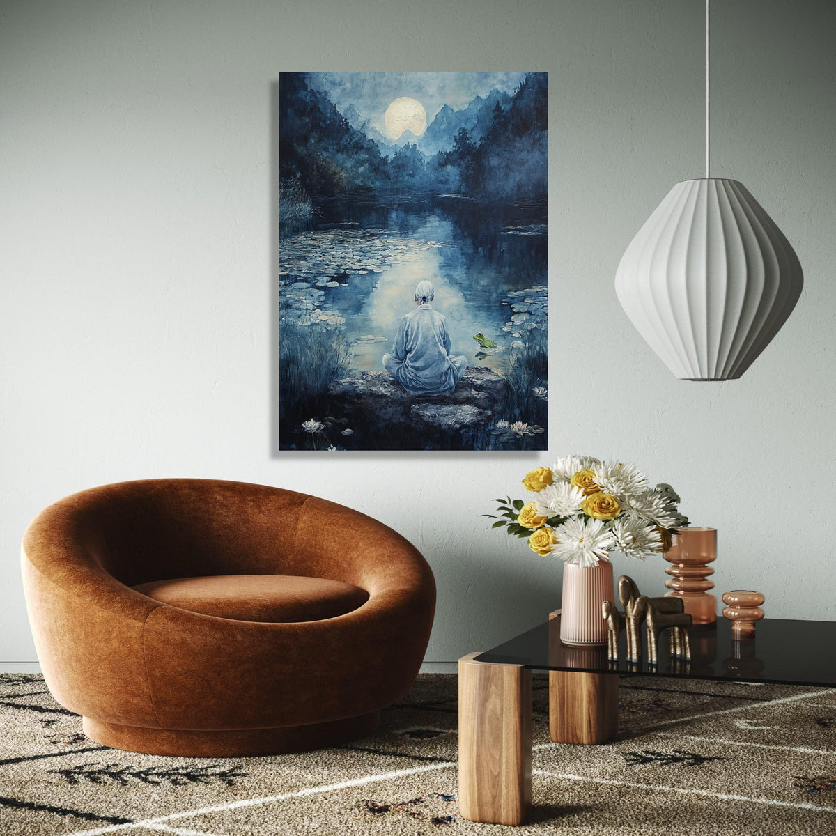 Serene Moonlit Meditation, Tranquil River Canvas, Zen Nature Wall Art, Peaceful Landscape Canvas, Reflective Gift Art, Home Decor, Print