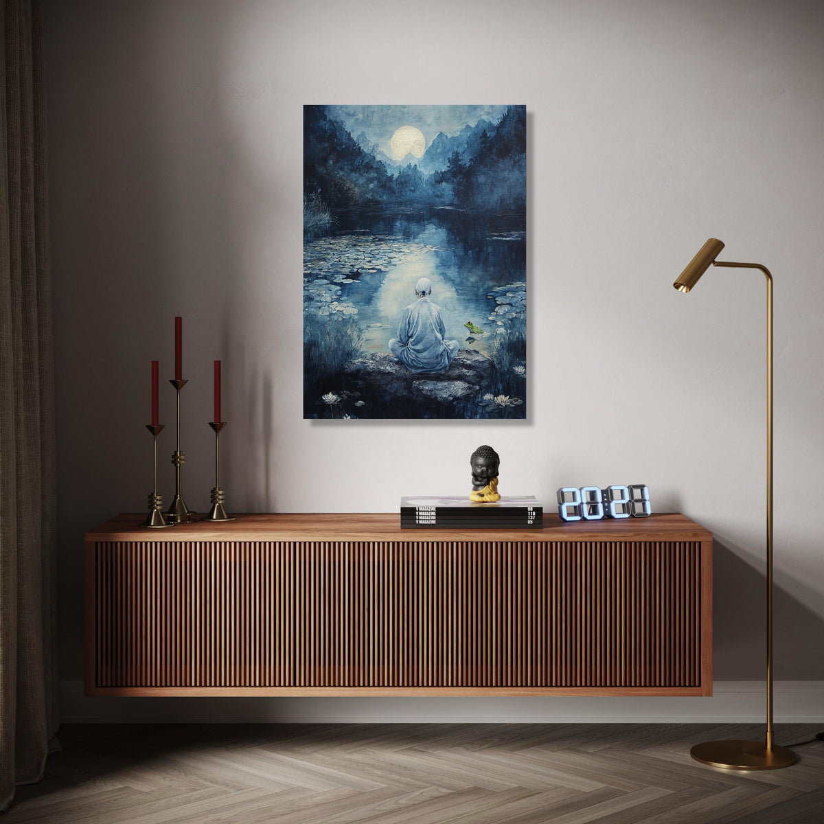 Serene Moonlit Meditation, Tranquil River Canvas, Zen Nature Wall Art, Peaceful Landscape Canvas, Reflective Gift Art, Home Decor, Print