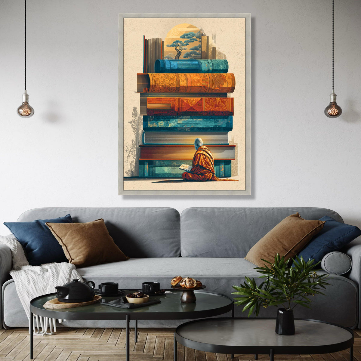Meditative Monk Reading, Stacked Vintage Books Canvas, Asian Inspired Wall Art, Spiritual Home Decor, Gift Art, Home Decor, Print