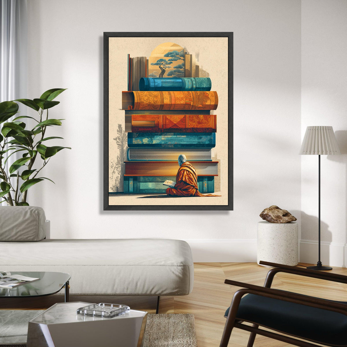 Meditative Monk Reading, Stacked Vintage Books Canvas, Asian Inspired Wall Art, Spiritual Home Decor, Gift Art, Home Decor, Print