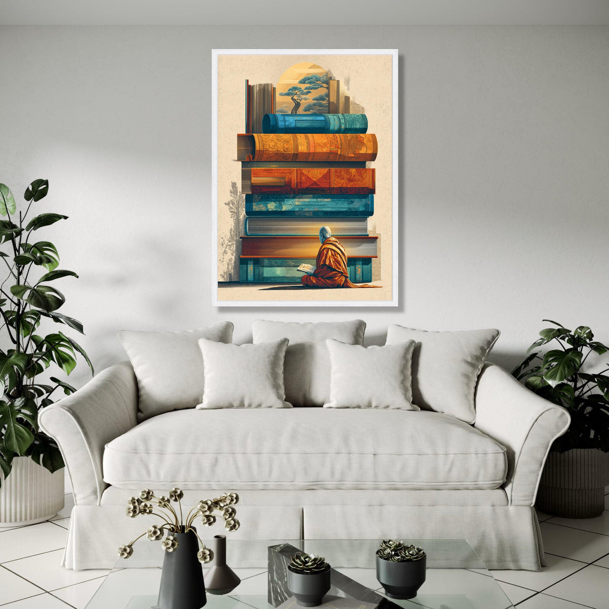 Meditative Monk Reading, Stacked Vintage Books Canvas, Asian Inspired Wall Art, Spiritual Home Decor, Gift Art, Home Decor, Print