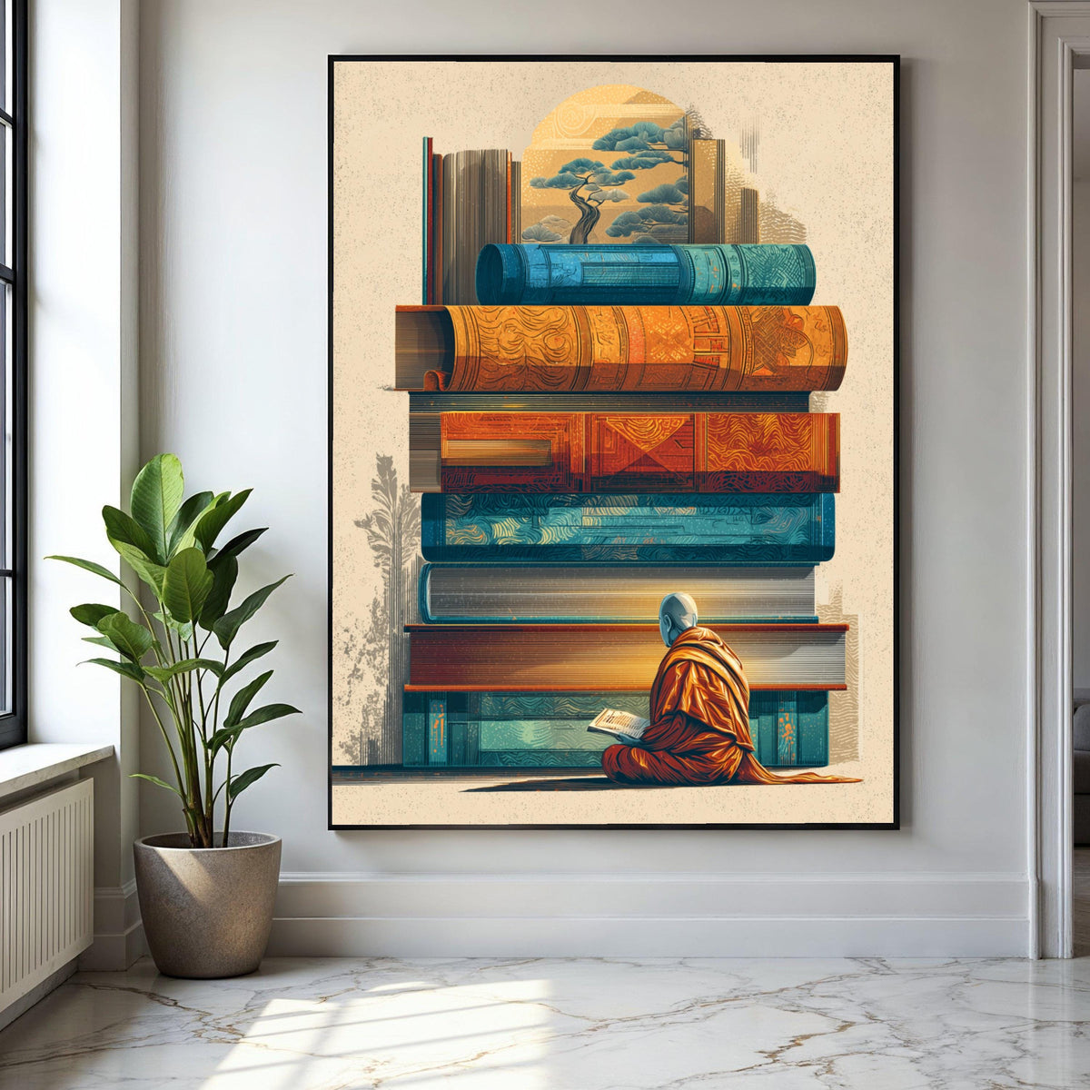 Meditative Monk Reading, Stacked Vintage Books Canvas, Asian Inspired Wall Art, Spiritual Home Decor, Gift Art, Home Decor, Print