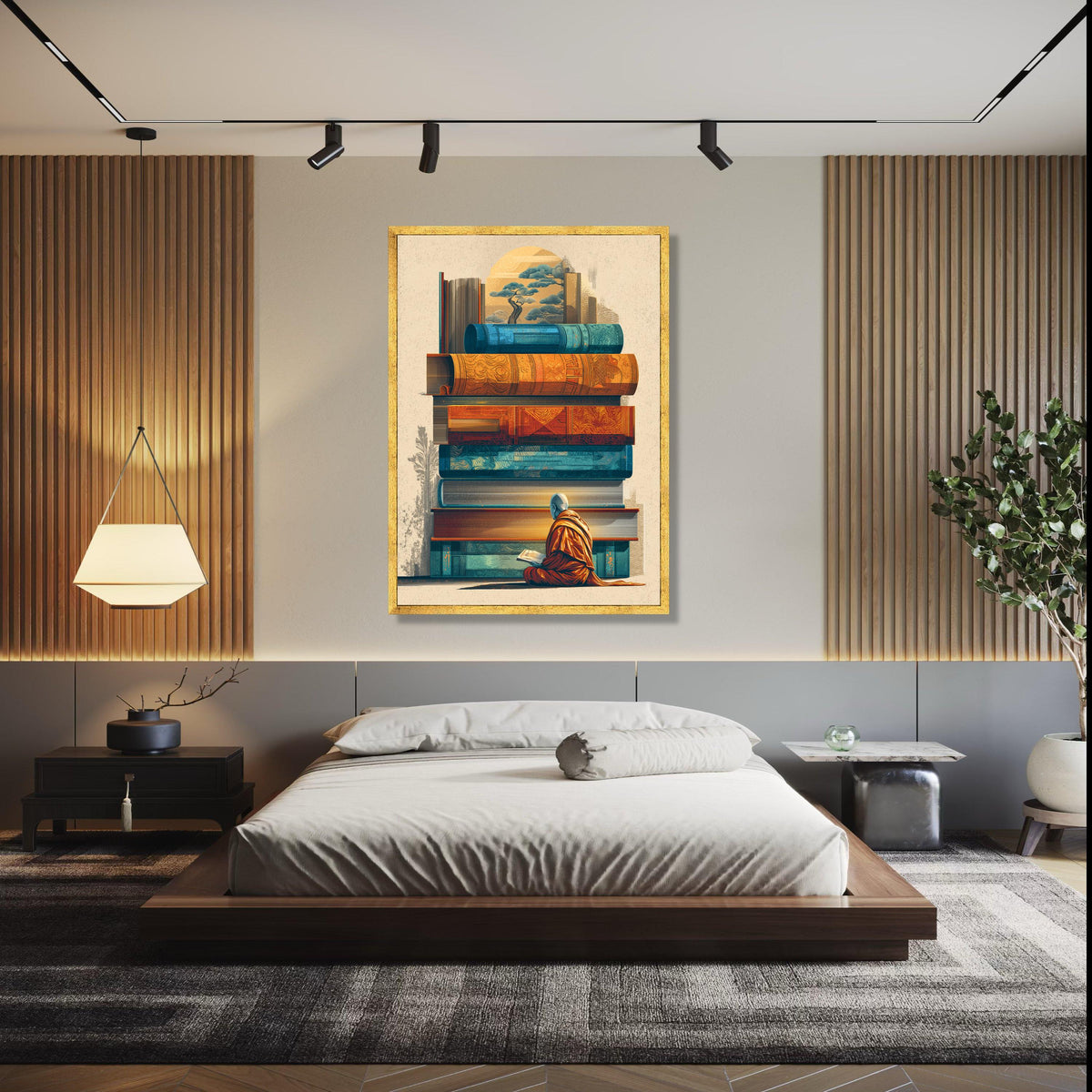 Meditative Monk Reading, Stacked Vintage Books Canvas, Asian Inspired Wall Art, Spiritual Home Decor, Gift Art, Home Decor, Print