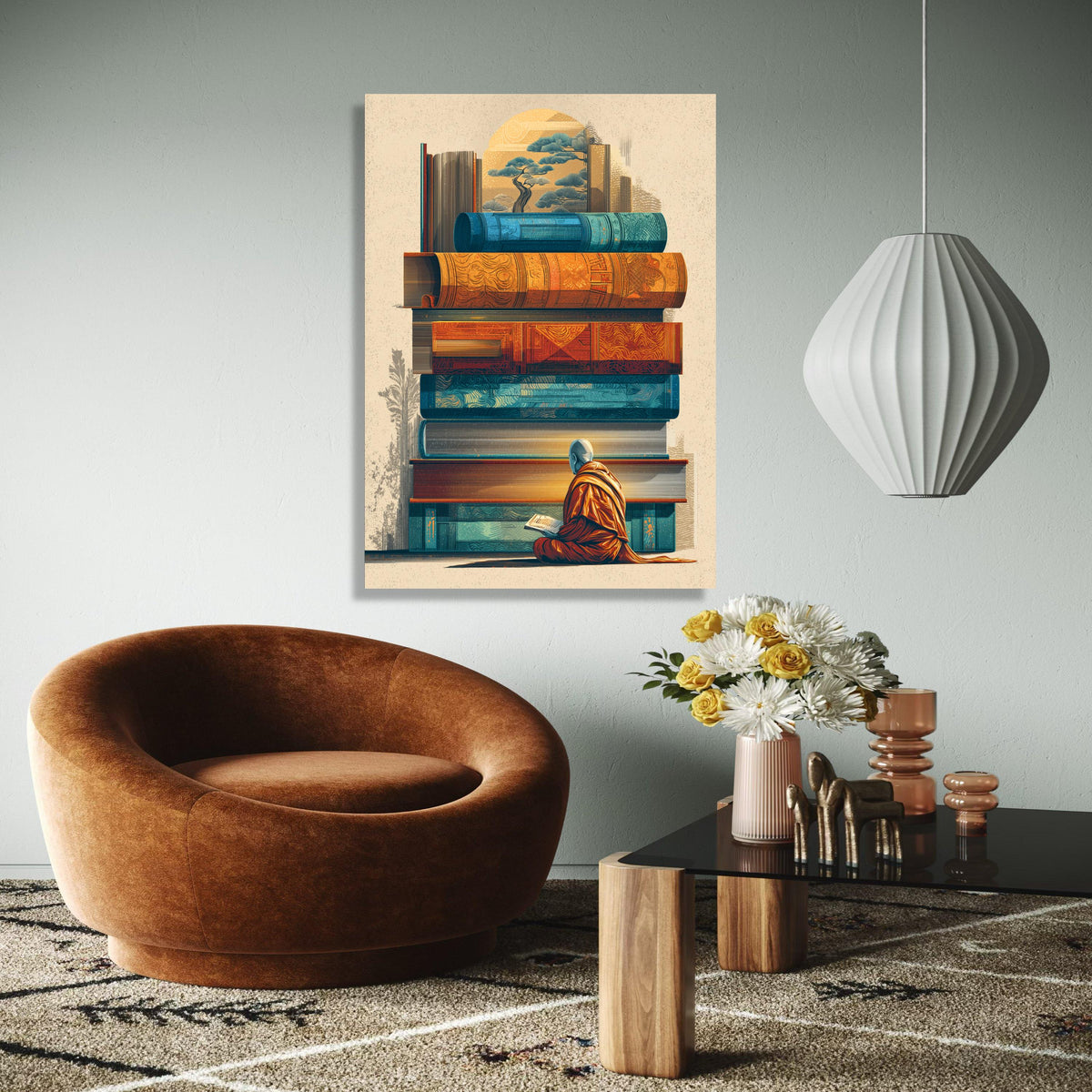 Meditative Monk Reading, Stacked Vintage Books Canvas, Asian Inspired Wall Art, Spiritual Home Decor, Gift Art, Home Decor, Print