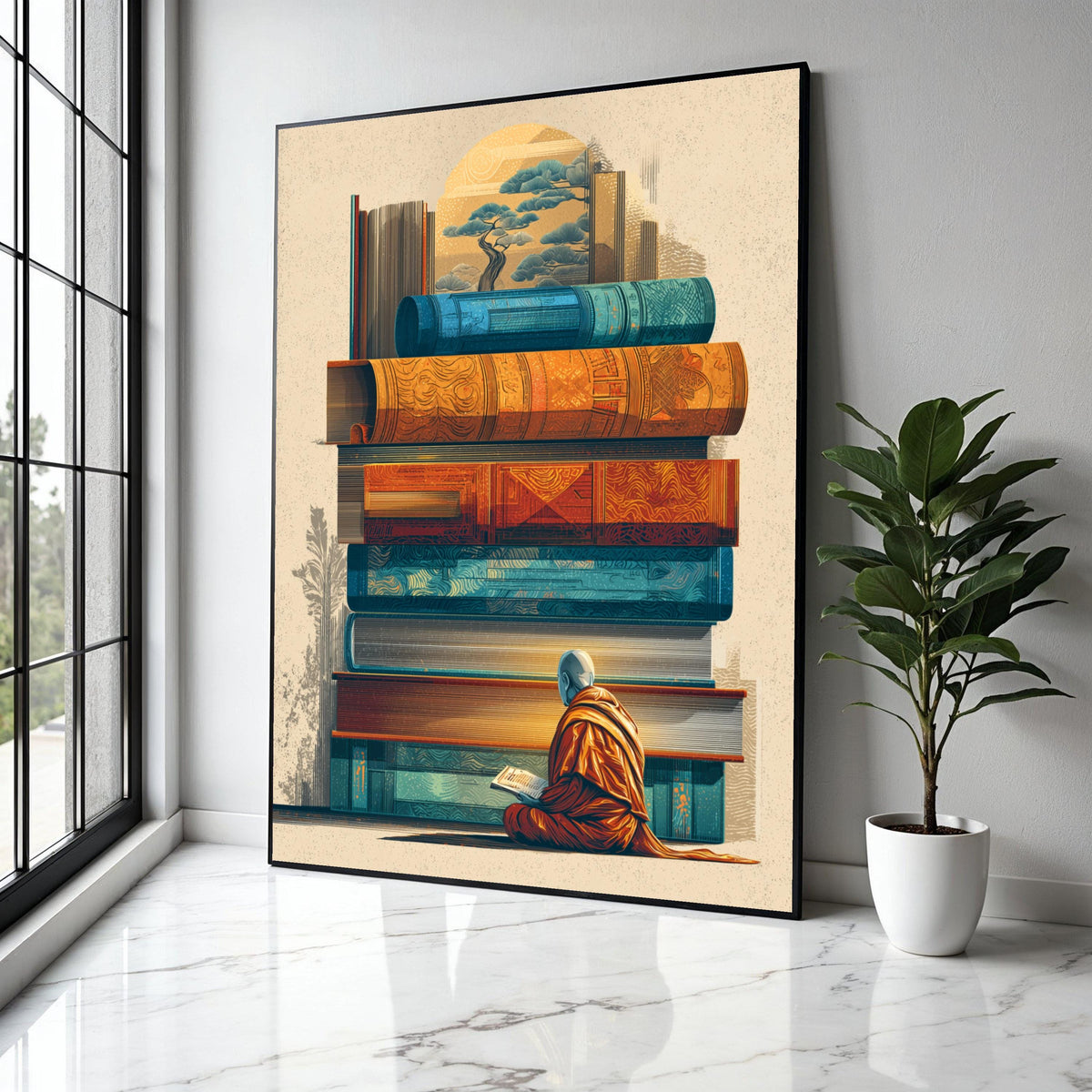 Meditative Monk Reading, Stacked Vintage Books Canvas, Asian Inspired Wall Art, Spiritual Home Decor, Gift Art, Home Decor, Print