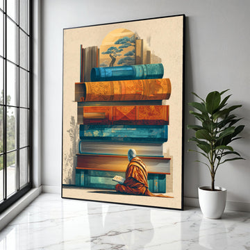 Meditative Monk Reading, Stacked Vintage Books Canvas, Asian Inspired Wall Art, Spiritual Home Decor, Gift Art, Home Decor, Print