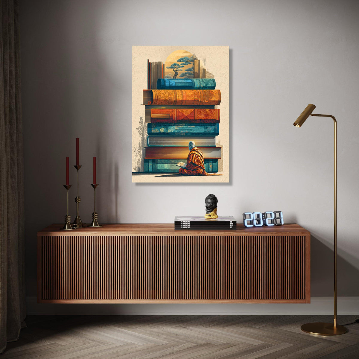 Meditative Monk Reading, Stacked Vintage Books Canvas, Asian Inspired Wall Art, Spiritual Home Decor, Gift Art, Home Decor, Print