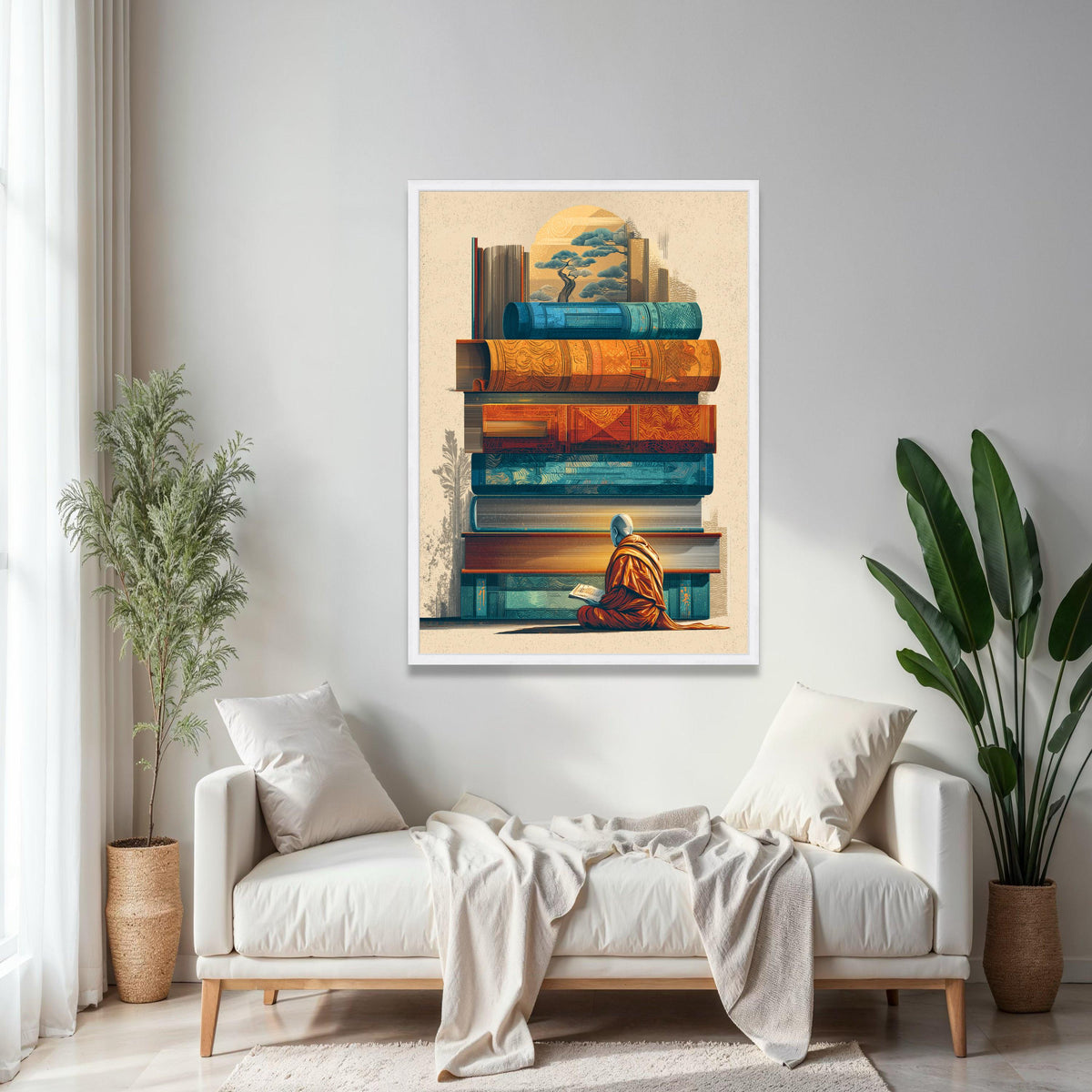 Meditative Monk Reading, Stacked Vintage Books Canvas, Asian Inspired Wall Art, Spiritual Home Decor, Gift Art, Home Decor, Print