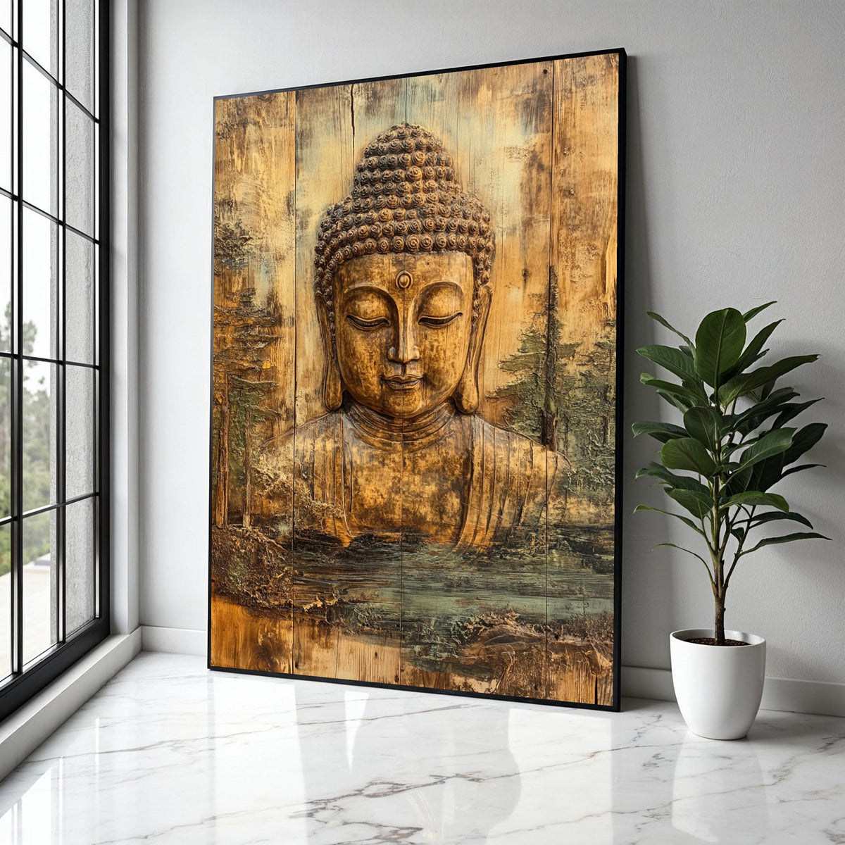 Tranquil Buddha Face Canvas Wall Art, Spiritual Meditation Decor, Rustic Wooden Zen Home Decoration, Peaceful Gift Art, Home Decor, Print