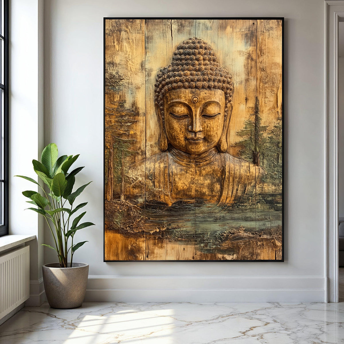 Tranquil Buddha Face Canvas Wall Art, Spiritual Meditation Decor, Rustic Wooden Zen Home Decoration, Peaceful Gift Art, Home Decor, Print