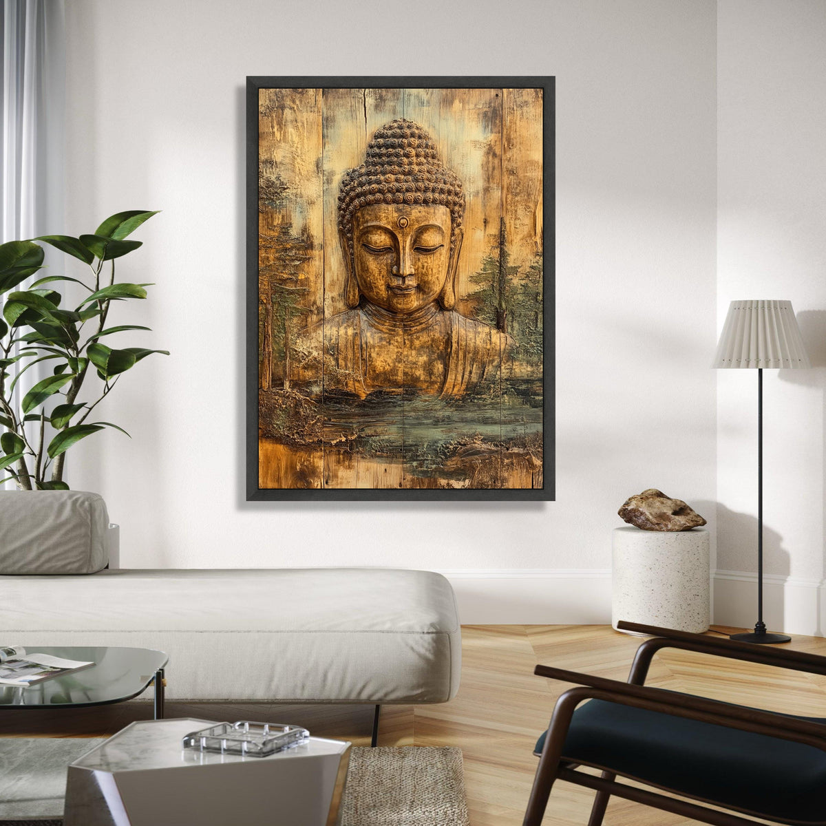 Tranquil Buddha Face Canvas Wall Art, Spiritual Meditation Decor, Rustic Wooden Zen Home Decoration, Peaceful Gift Art, Home Decor, Print