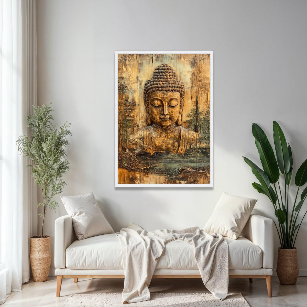 Tranquil Buddha Face Canvas Wall Art, Spiritual Meditation Decor, Rustic Wooden Zen Home Decoration, Peaceful Gift Art, Home Decor, Print