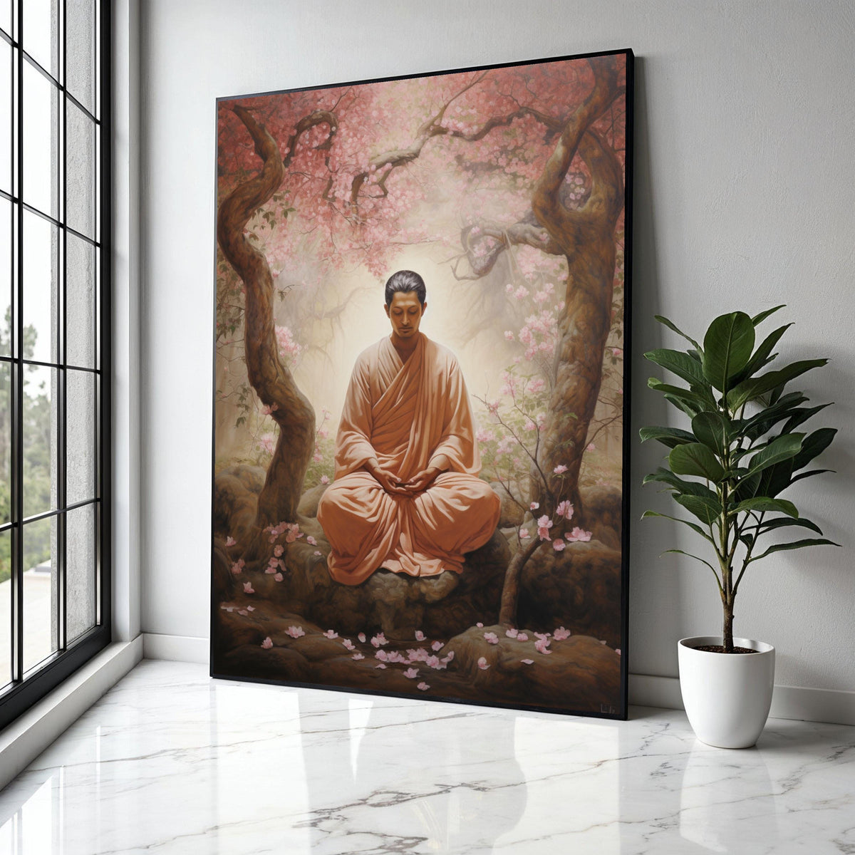Serene Buddha Meditation Canvas, Zen Garden Wall Art, Tranquil Blossom Trees, Peaceful Spiritual Decor, Gift Art, Home Decor, Print