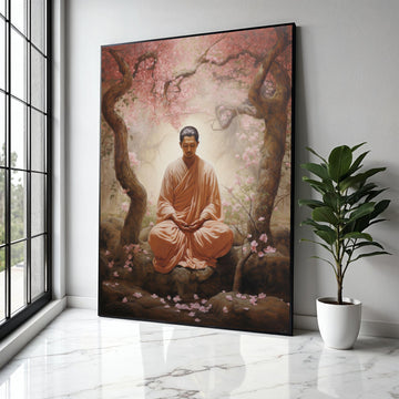 Serene Buddha Meditation Canvas, Zen Garden Wall Art, Tranquil Blossom Trees, Peaceful Spiritual Decor, Gift Art, Home Decor, Print