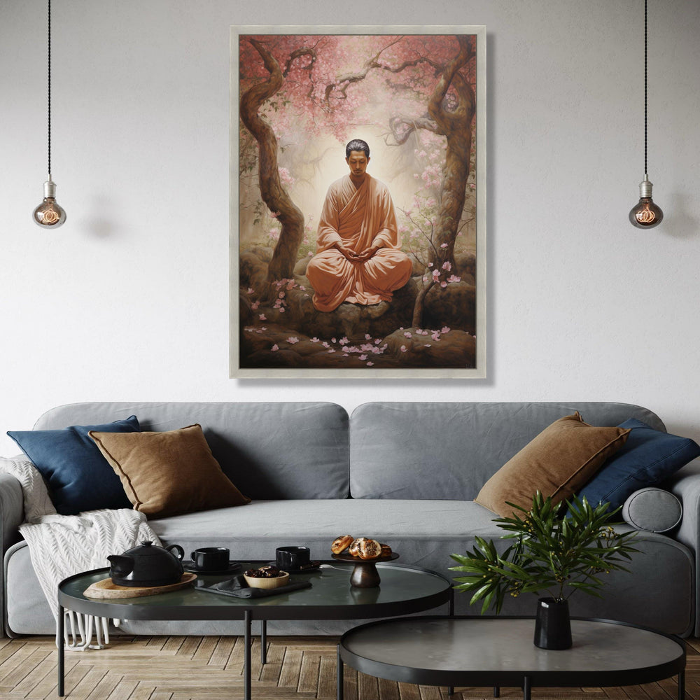 Serene Buddha Meditation Canvas, Zen Garden Wall Art, Tranquil Blossom Trees, Peaceful Spiritual Decor, Gift Art, Home Decor, Print