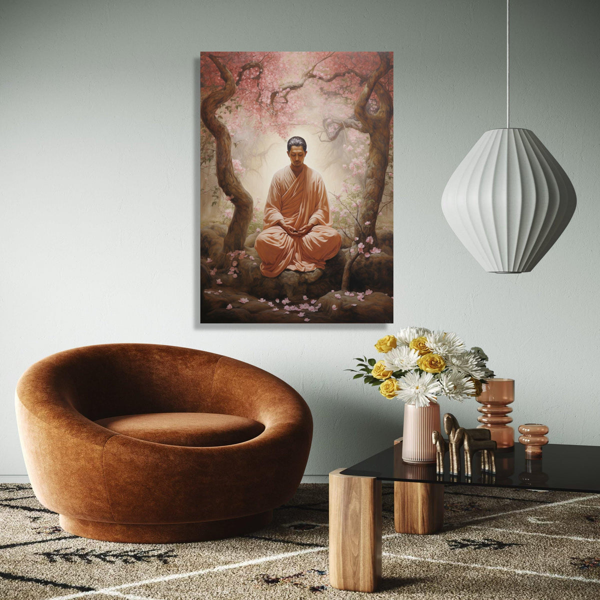 Serene Buddha Meditation Canvas, Zen Garden Wall Art, Tranquil Blossom Trees, Peaceful Spiritual Decor, Gift Art, Home Decor, Print