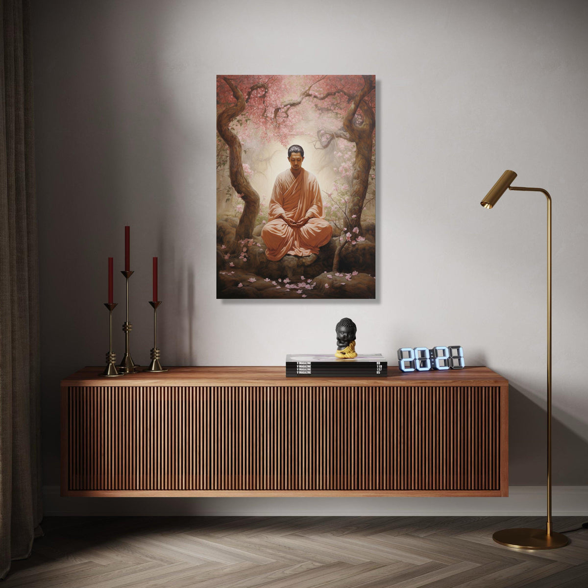 Serene Buddha Meditation Canvas, Zen Garden Wall Art, Tranquil Blossom Trees, Peaceful Spiritual Decor, Gift Art, Home Decor, Print