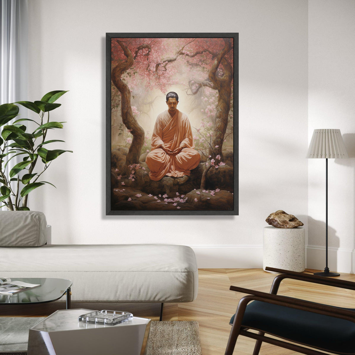 Serene Buddha Meditation Canvas, Zen Garden Wall Art, Tranquil Blossom Trees, Peaceful Spiritual Decor, Gift Art, Home Decor, Print