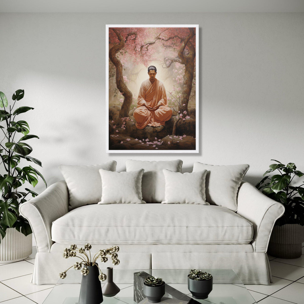 Serene Buddha Meditation Canvas, Zen Garden Wall Art, Tranquil Blossom Trees, Peaceful Spiritual Decor, Gift Art, Home Decor, Print