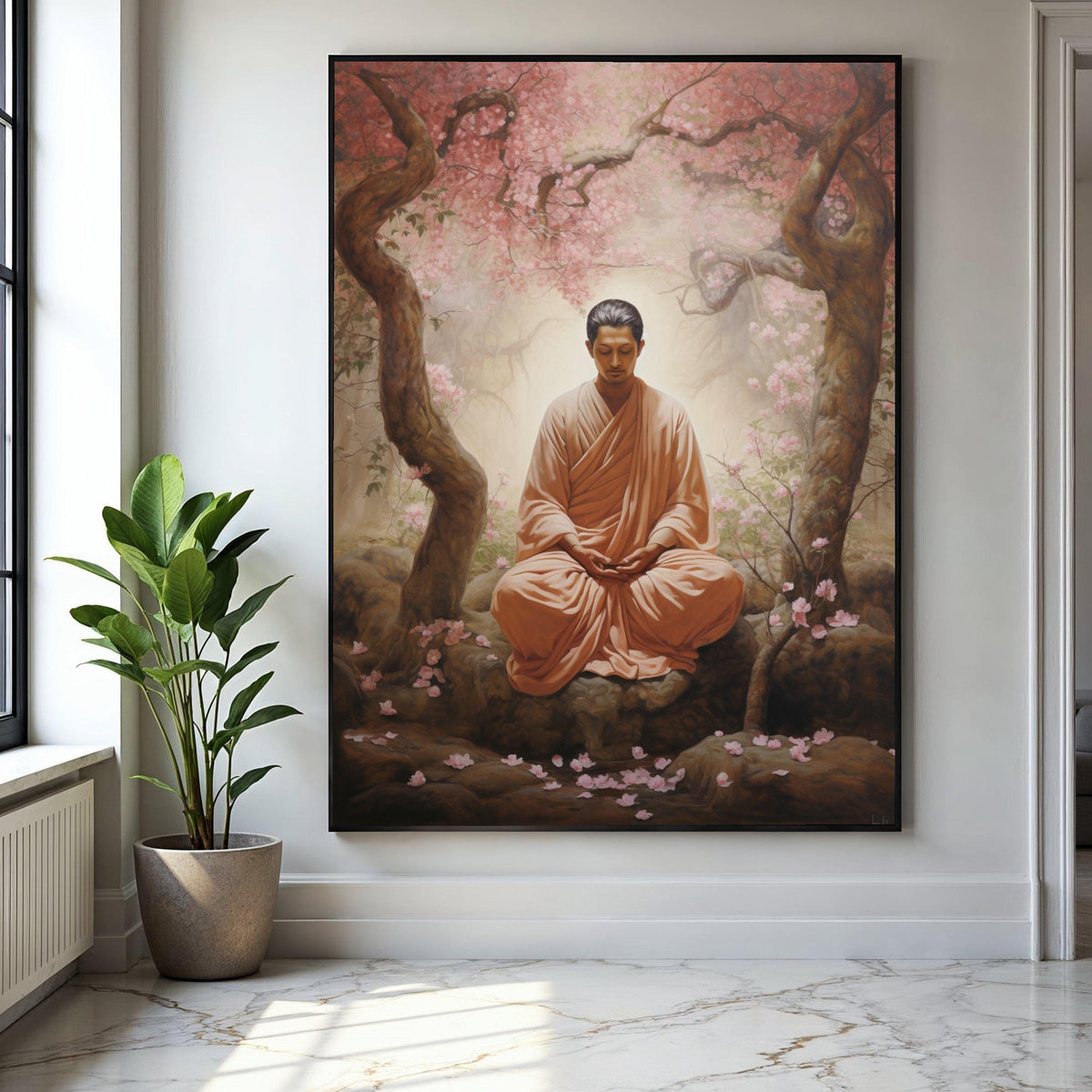Serene Buddha Meditation Canvas, Zen Garden Wall Art, Tranquil Blossom Trees, Peaceful Spiritual Decor, Gift Art, Home Decor, Print