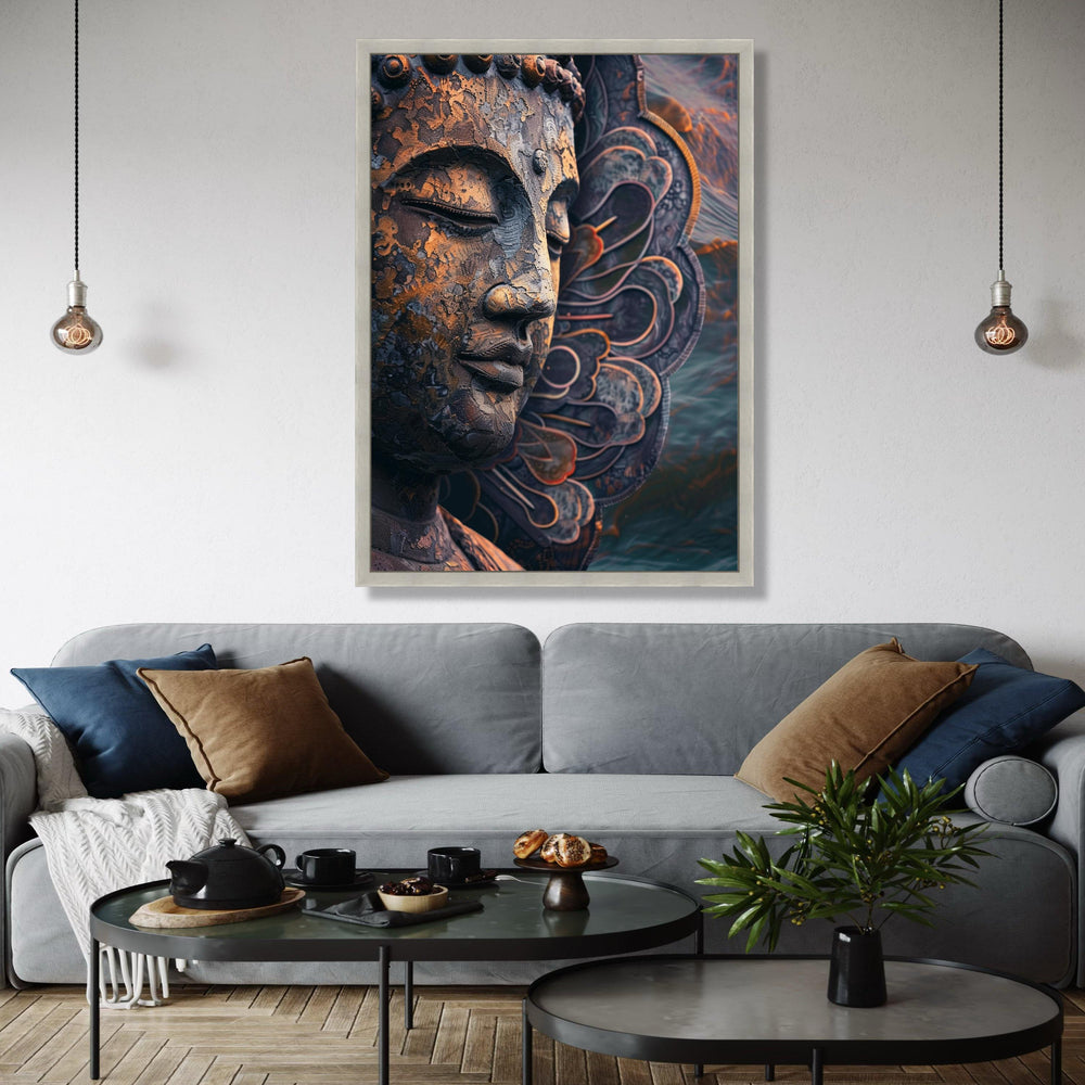 Meditative Buddha Face Canvas, Spiritual Wall Art, Zen Sculpture Decor, Metal Finish, Peaceful Home Decoration Gift Art, Home Decor, Print