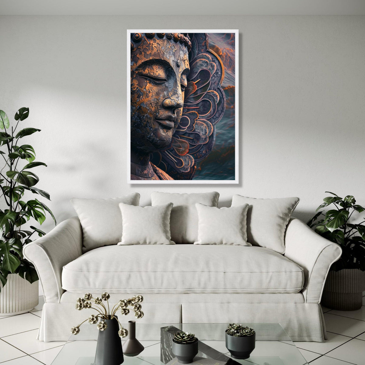 Meditative Buddha Face Canvas, Spiritual Wall Art, Zen Sculpture Decor, Metal Finish, Peaceful Home Decoration Gift Art, Home Decor, Print