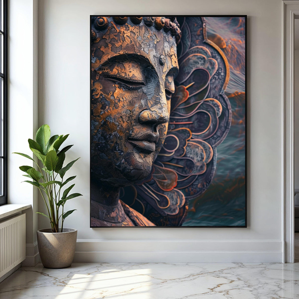 Meditative Buddha Face Canvas, Spiritual Wall Art, Zen Sculpture Decor, Metal Finish, Peaceful Home Decoration Gift Art, Home Decor, Print