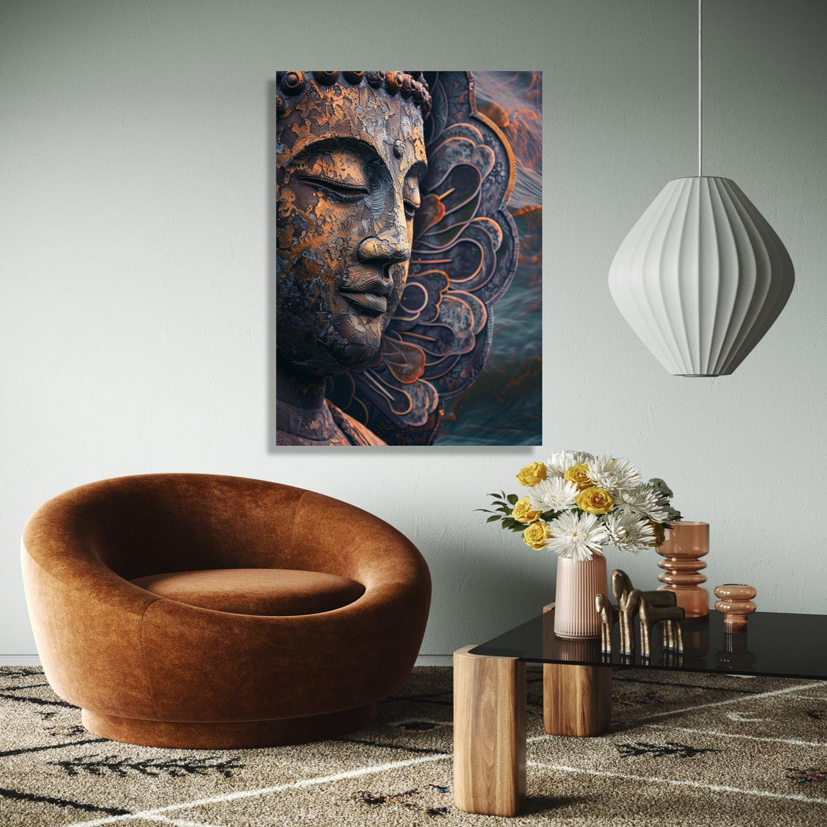 Meditative Buddha Face Canvas, Spiritual Wall Art, Zen Sculpture Decor, Metal Finish, Peaceful Home Decoration Gift Art, Home Decor, Print