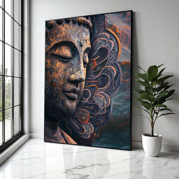 Meditative Buddha Face Canvas, Spiritual Wall Art, Zen Sculpture Decor, Metal Finish, Peaceful Home Decoration Gift Art, Home Decor, Print