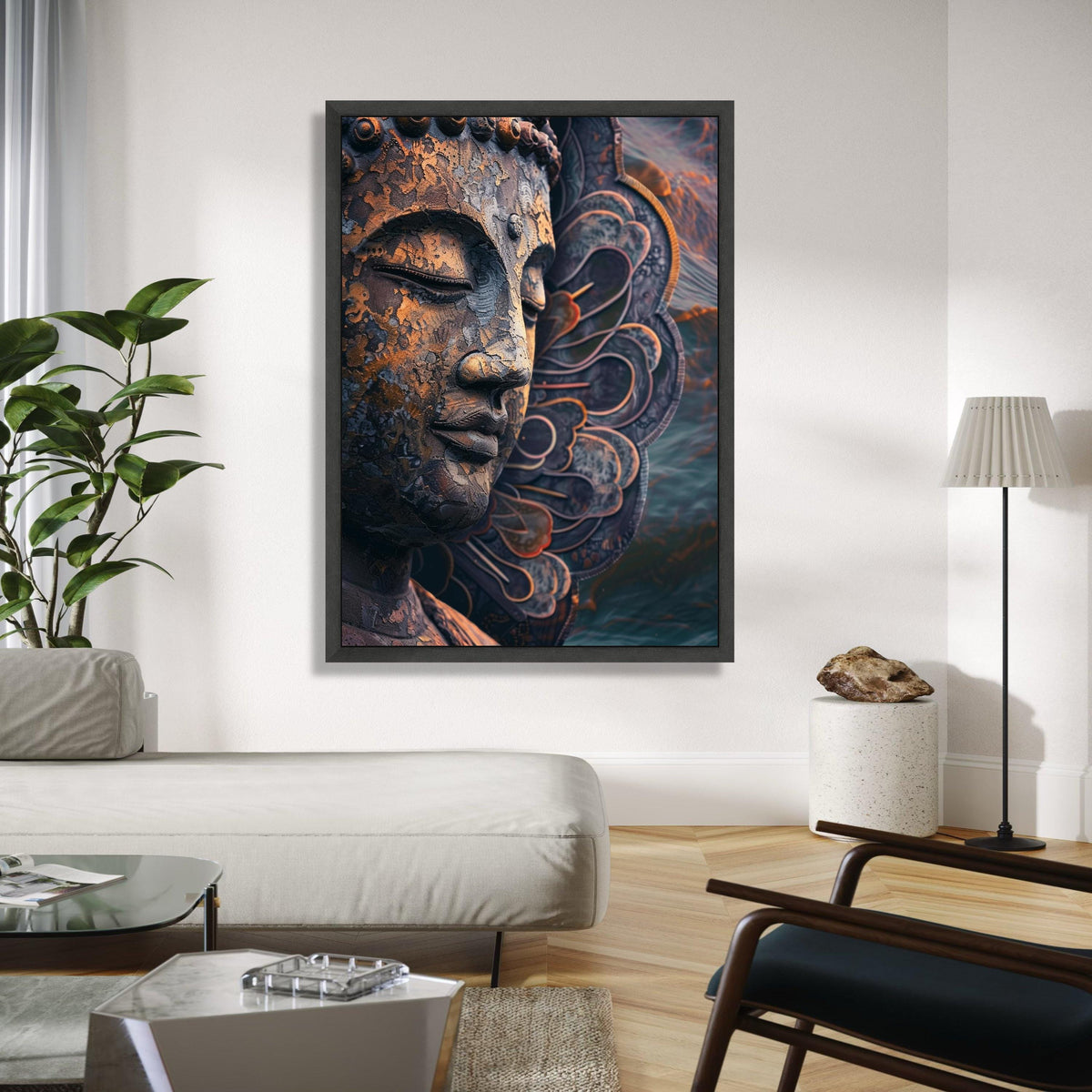 Meditative Buddha Face Canvas, Spiritual Wall Art, Zen Sculpture Decor, Metal Finish, Peaceful Home Decoration Gift Art, Home Decor, Print