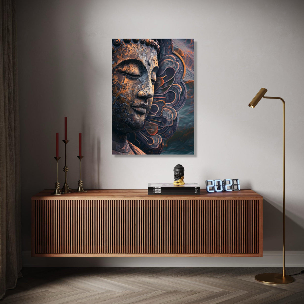 Meditative Buddha Face Canvas, Spiritual Wall Art, Zen Sculpture Decor, Metal Finish, Peaceful Home Decoration Gift Art, Home Decor, Print